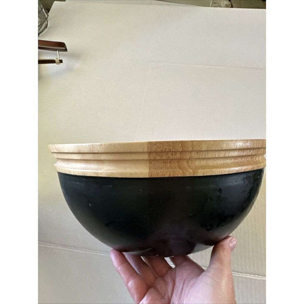 David & Carey International Large Black Green & Tan Teak Wood Bowl